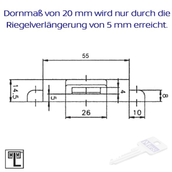 MLM Drehstangenschloss links 740 für 6 mm MLM Schlüssel, Dornmaß 20 mm