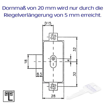 MLM Drehstangenschloss rechts 740 für 6 mm MLM Schlüssel, Dornmaß 20 mm