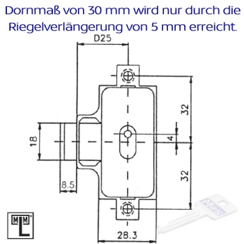MLM Drehstangenschloss rechts 740 für 6 mm MLM Schlüssel, Dornmaß 30 mm