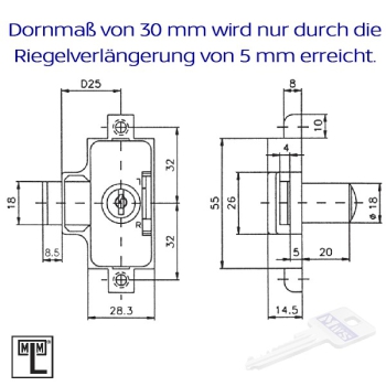 MLM Drehstangenschloss 748 mit PRESTIGE-Zylinder verschiedenschließend, Dornmaß 30 mm
