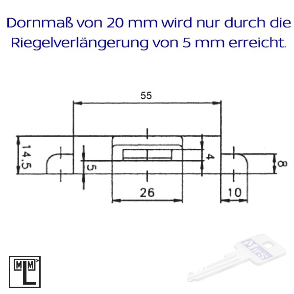 MLM Drehstangenschloss links 740 für 6 mm MLM Schlüssel, Dornmaß 20 mm