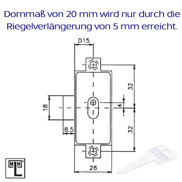 MLM Drehstangenschloss rechts 740 für 6 mm MLM Schlüssel, Dornmaß 20 mm